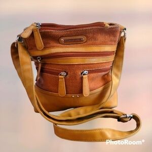 Vtg STONE MOUNTAIN Canvas Faux Leather Three Compartment Carpet Shoulder Bag